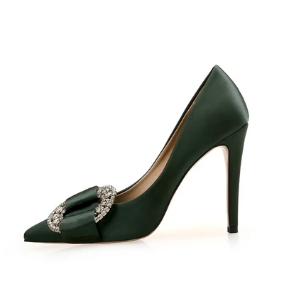 Dark green Модные женские туфли с острым носком, украшенные стразами и пряжкой классические туфли на высоком каблуке туфли-лодочки больших размеров женские туфли на тонком каблуке - Цвет: Dark green
