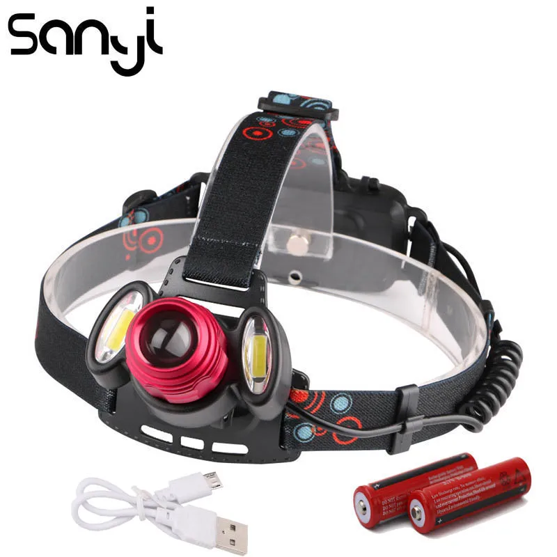 Мощный яркий налобный фонарь SANYI 1 * T6 + 2 COB Светодиодный освещение для кемпинга и