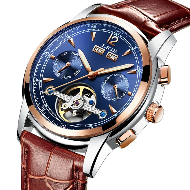 gold blue leather Мужские часы Роскошные Лидирующий бренд LIGE tourbillon механические Спортивные часы для мужчин s модные деловые мужские автоматические часы Relogio Masculin - Цвет: gold blue leather