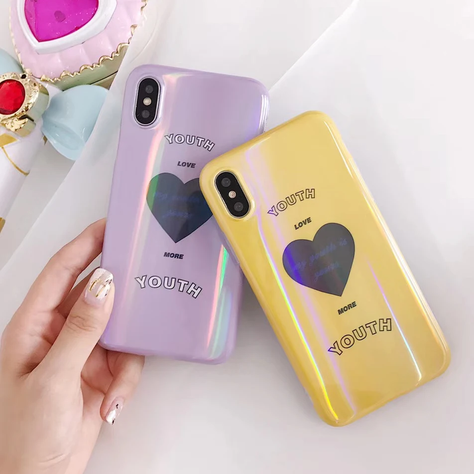 Чехол для телефона с голубым лучом лазером любовным сердцем IPhone X XR XS Max блестящий