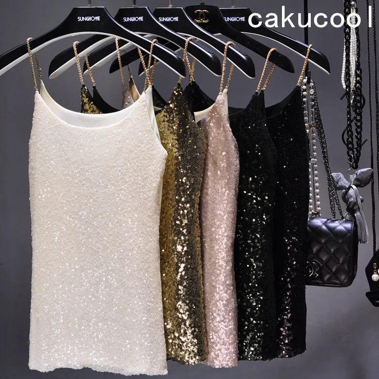 

Cakucool Sequins Tank Top Women Shiny Chain Camisole Slim Luxury Beading Spaghetti Party Sexy Basic Camis Vest Femme 6colors