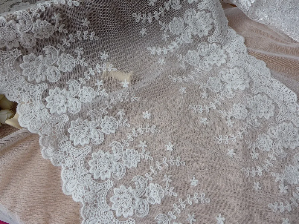 3 Yards 13.8&quot Wide Ivory White Embroidery Floral Lace Trim Gorgeous Cotton Tulle Fabric For Sewing Craft Costume Design | Дом и сад