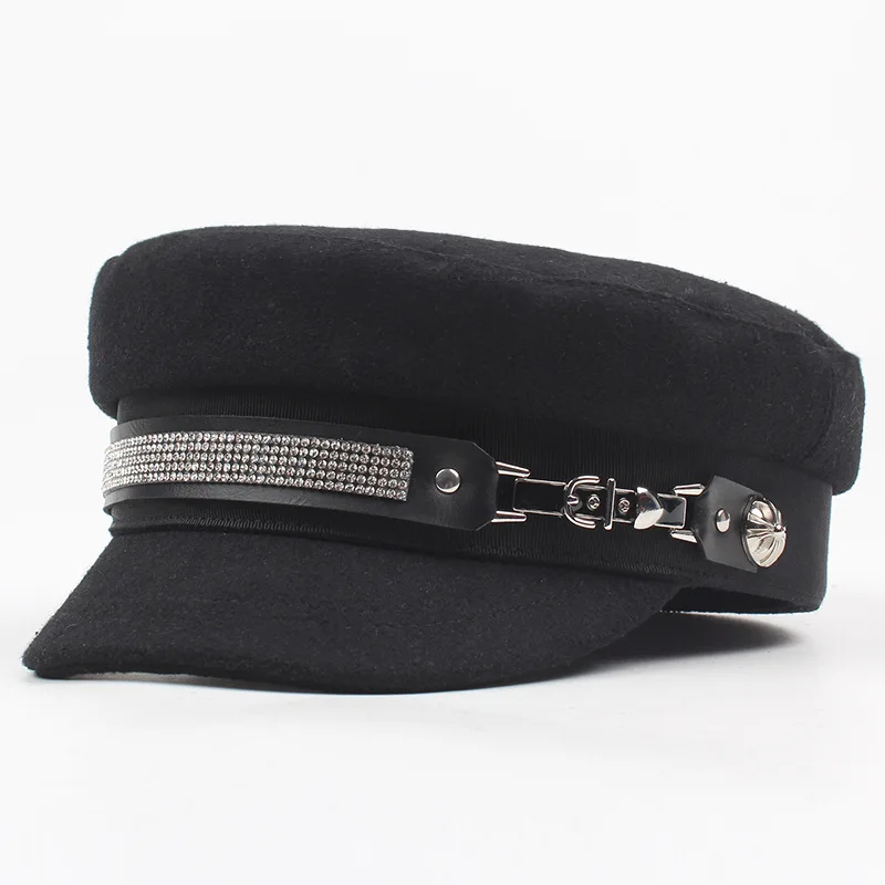 

Trendy PU Leather Belt Military Hat Spring Wool Sailor Hat for Women Black Flat Top Drill Captain Cap Baker Boy Hat Pilot Hat