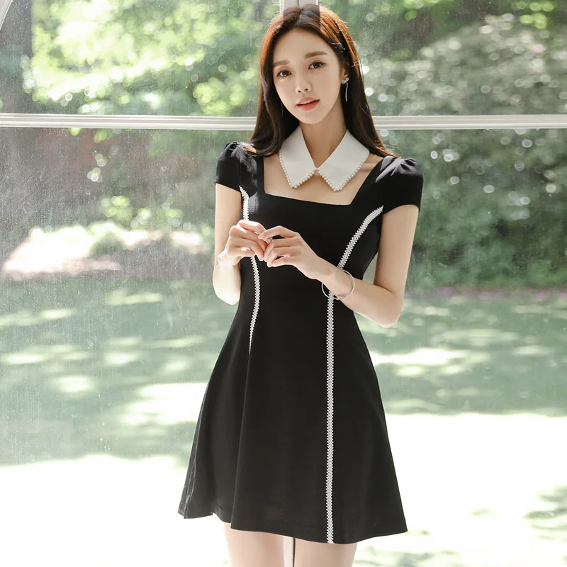 

OL Office Work Dress Women Turn Down Collar Strap A-Line Mini Dress Summer 2019 Women with Beading Casual Black Dress Plus Size