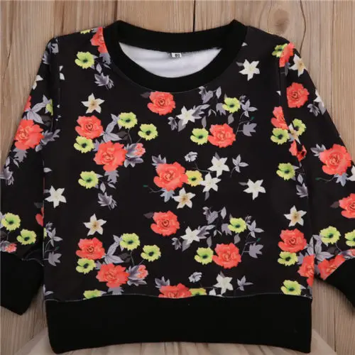 Черный хлопковый топ с длинными рукавами и цветочным принтом для маленьких