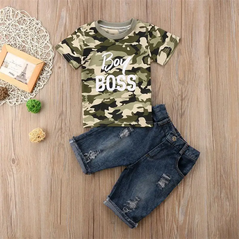 2018 Brand New Infant Toddler Child Kids Baby Boy Summer Clothes T-Shirts Tee Camo Tops Denim Pants 2Pcs Outfits Set 1-6T | Детская