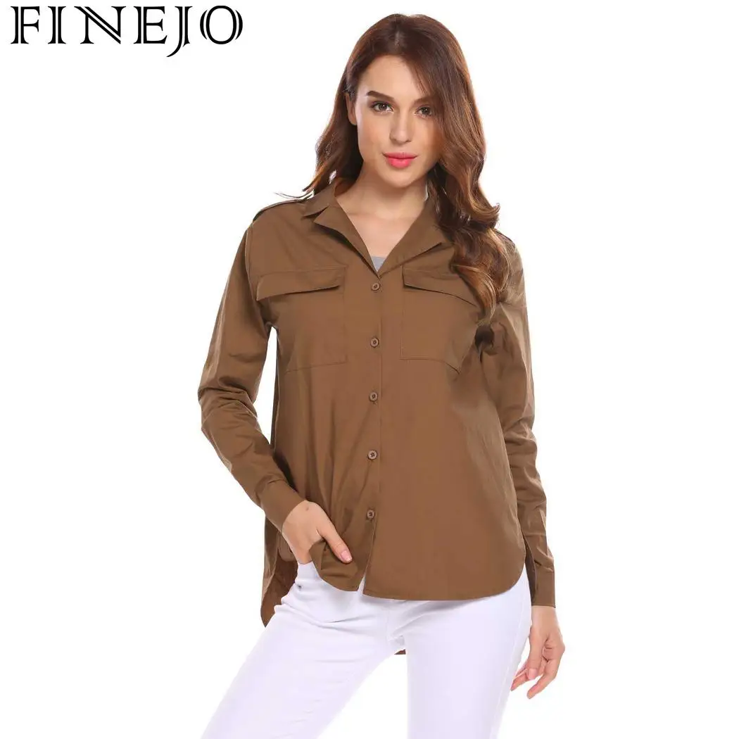 FINEJO блузка Blusas Женская Осенняя длинная Повседневная на пуговицах с длинным