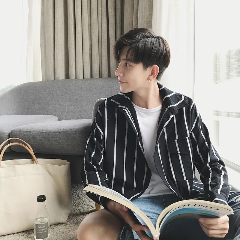 Мужская рубашка в полоску повседневная приталенная с длинным рукавом хлопковая