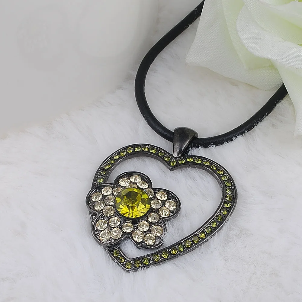 Trendy Austrian Rhinestone Love Heart Necklace for Women Crystal Flower Leather Rope Pendant | Украшения и аксессуары