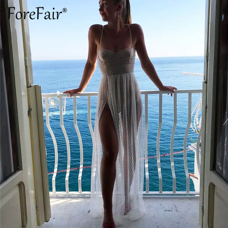 Forefair женское длинное Сетчатое платье элегантное черное белое без рукавов макси