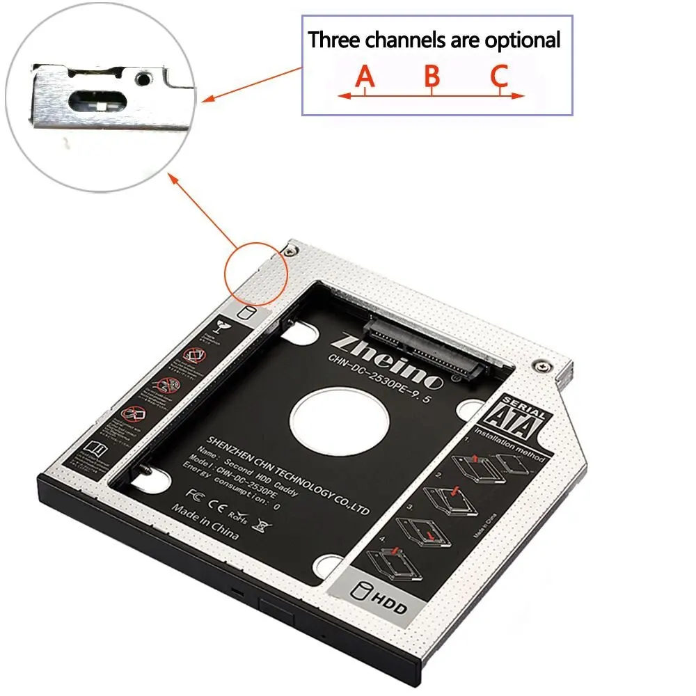 Zheino алюминиевый 9,5 мм 2nd HDD SSD Caddy 2,5 SATA для SATA рамка Caddy HDD чехол адаптер отсек для ноутбука CD/DVD-ROM ODD