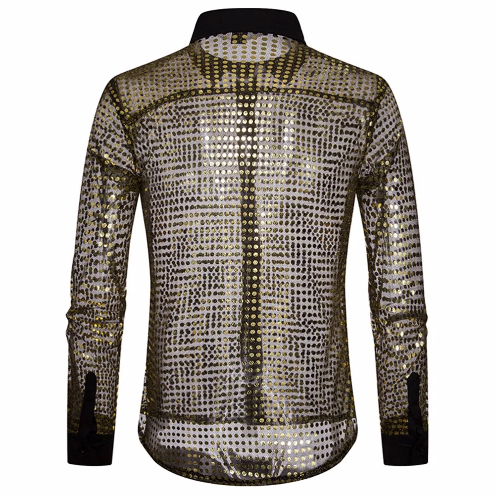 Мужские Hipster Clubwear золото рубашки Slim Fit с длинным рукавом пикантные Повседневная