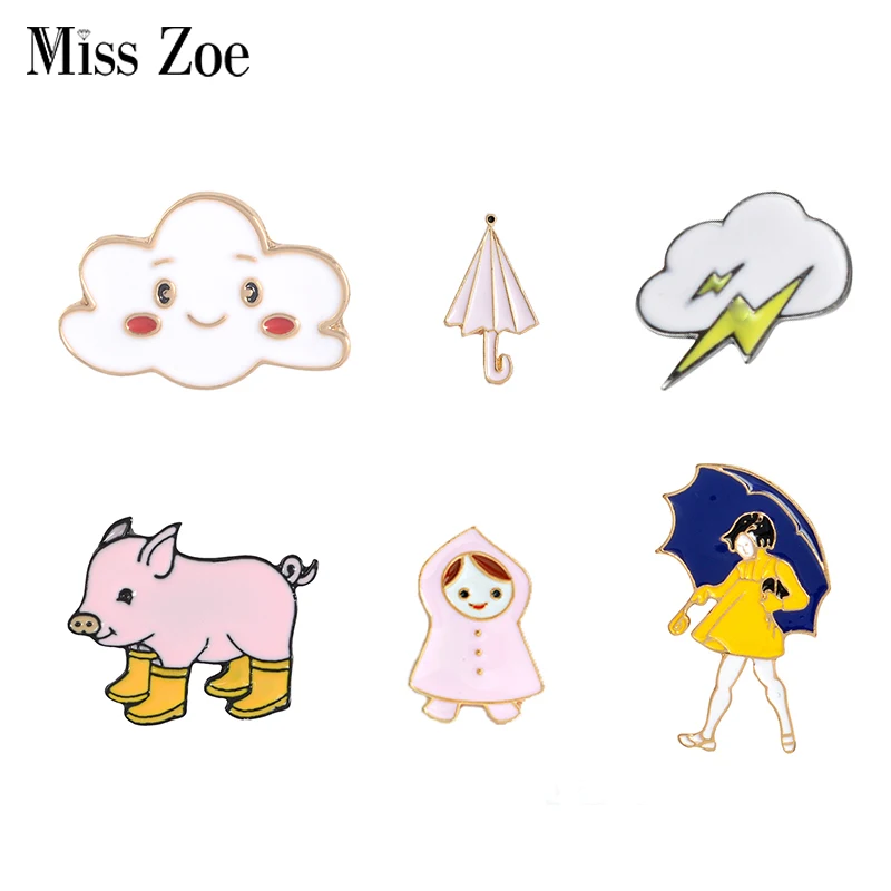 Walking in the Rain Enamel Pins Clouds Girl Umbrella Rainboots Badge Custom Brooch Bag Clothes Lapel Pin Funny Animal Jewelry