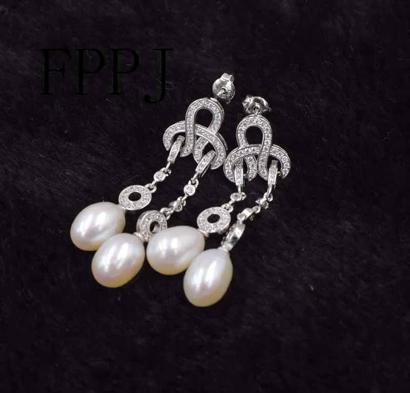 Un par de pendientes de gancho de 7-9mm, perlas blancas de agua dulce, arroz, venta al por mayor, cuentas FPPJ