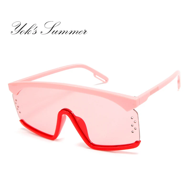 YOK'S Women Pink Oversized Conjoined Sunglasses Vintage Square Semi-Rimless Tint Ocean Lens Flat Top Goggles Sun Glasses WN1298 |
