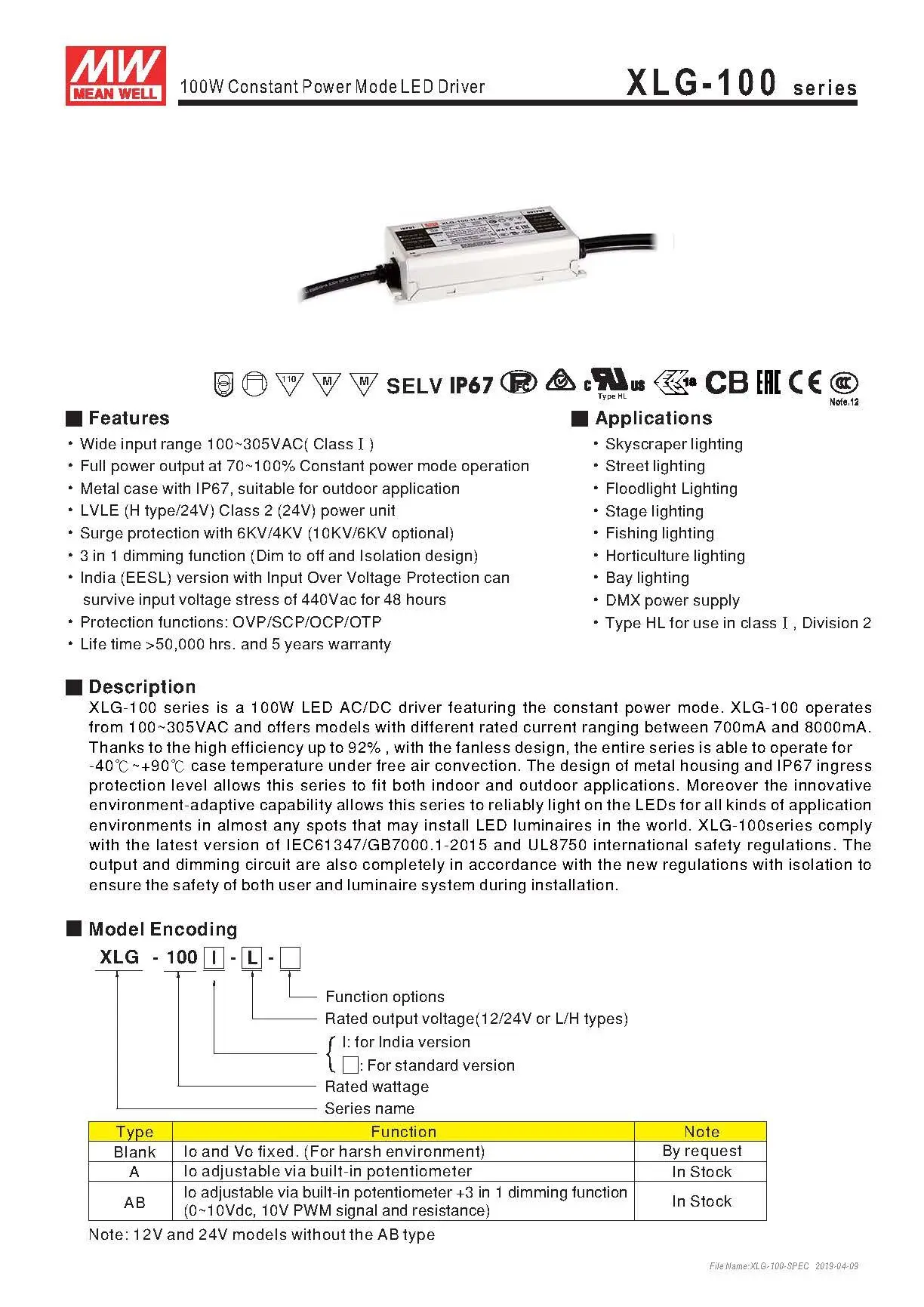 MEANWELL XLG-100-24-A 24V 4A 96W Постоянный режим питания AC/DC Светодиодный драйвер Встроенный активный PFC Функция