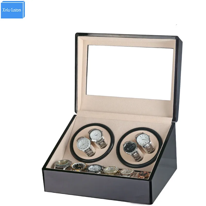 

Global Plug Use Black Wood Surface Watch Winder Box Inner Velvet Automatic Rotation 4+6 Watch Winder Storage Case Display Box