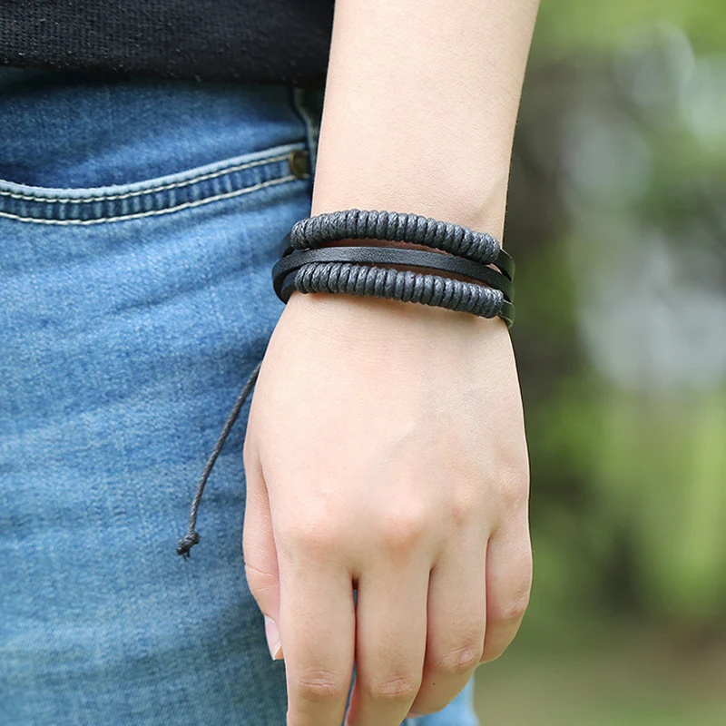 Модные мужские Многослойные плетеные браслеты из черной кожи на резинке