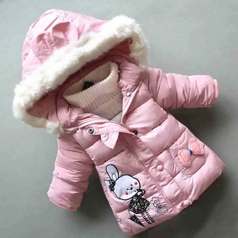 pink BibiCola/Новинка года, зимняя хлопковая куртка для маленьких девочек, Милая зимняя верхняя одежда с рисунком кролика для новорожденных девочек, теплое пальто с капюшоном для малышей - Цвет: pink