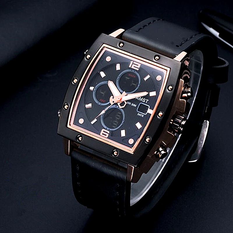 AMST Square dial Men Analog Digital Army Military Watch 5ATM Waterproof Clock Sport Wristwatch Quartz LED Mens Watches Relogio | Наручные