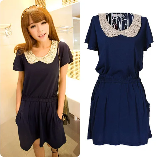 New 2014 Summer Korean Style Girls Fashion Casual Sequin Peter Pan Collar Short Sleeve Dress Big Size Free Shipping|sleeve white dress|sleeve wrap