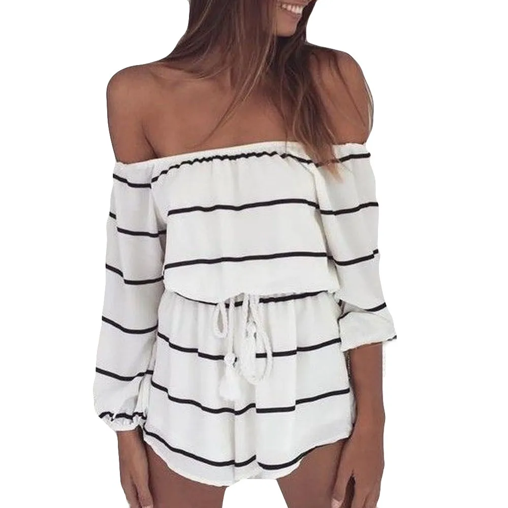 maxiorill Для женщин с открытыми плечами, полоска модные Повседневное длинные sleevejumpsuit самские брюки T3
