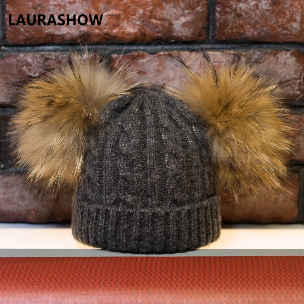 LAURASHOW/шапка с двойным меховым помпоном для мамы и ребенка, шапка с помпонами из норки и енота, зимняя теплая шапка для женщин и девочек, Вязаная Шапка-бини, вязаная шапка