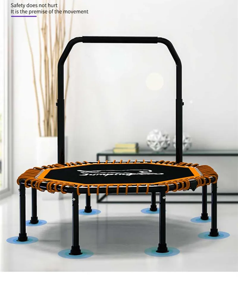 48" Silent Mini Trampoline with Adjustable Handle Bar Fitness Trampoline Bungee with Safety Handle House Trampoline