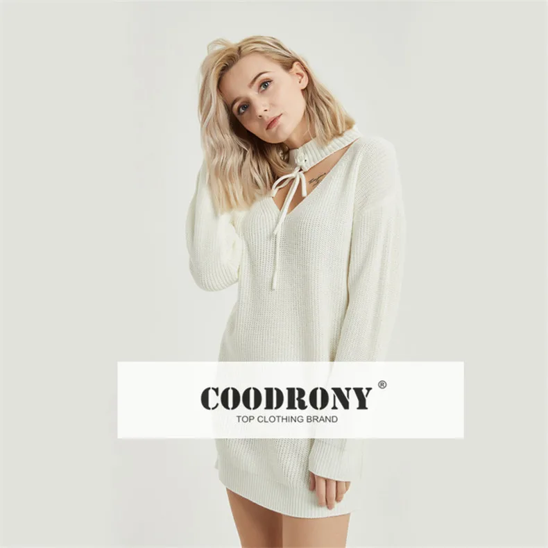 COODRONY длинный женский свитер Осень Зима Новое поступление свободные и удобные вязаные свитера с бантом пуловер с v-образным вырезом Femme 8904