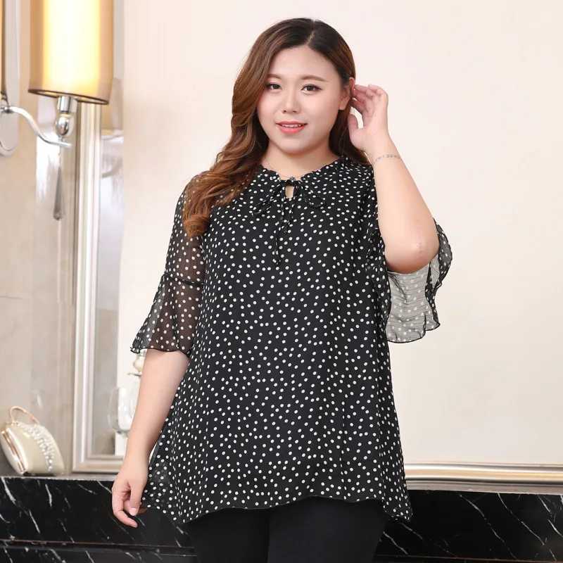 Women Plus Size 10XL 9XL 8XL 4XL Summer Chiffon Tops Feminina Elegant Small Dot Flare Sleeves Shirts Loose Style Clothing |