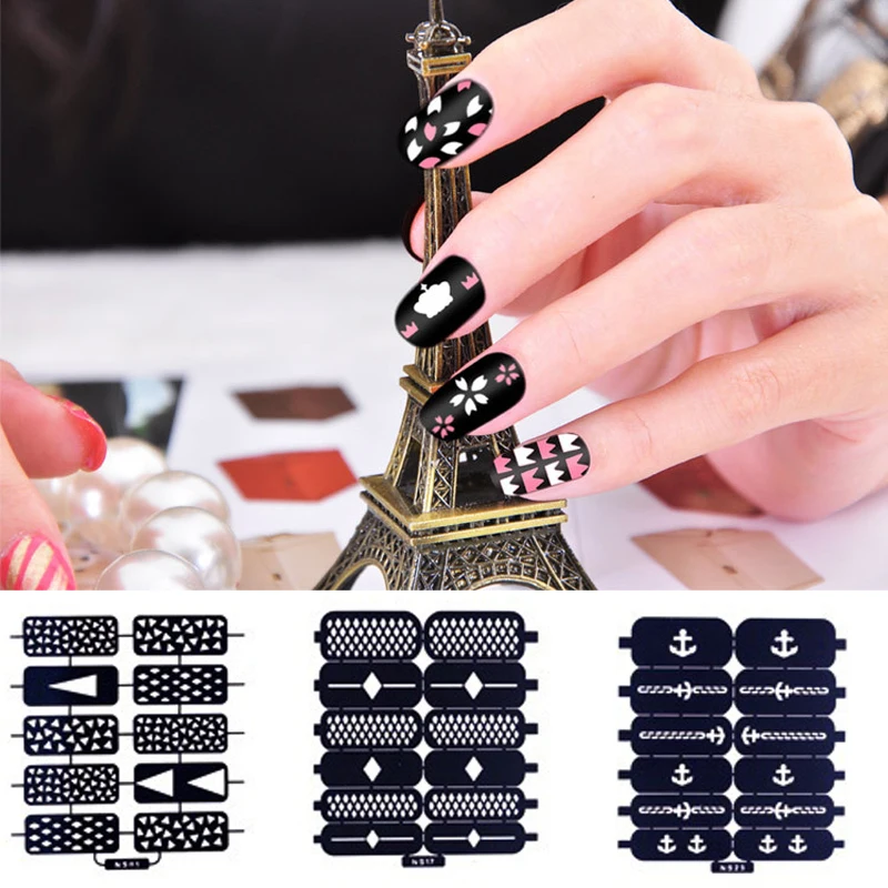 10 шт./лот дизайн полый ногтей виниловые наклейки гид изображения лак маникюрные