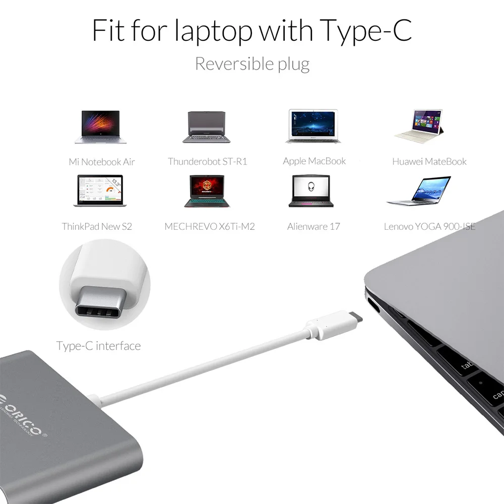 Алюминиевый Концентратор ORICO Type C с кардридером USB3.1 Gen1 2 портами USB 3 0 поддержка