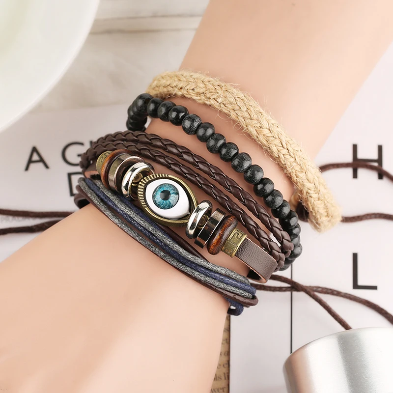 Богемия Стиль 1 компл. 4 шт. кожаные женские браслеты глаз/перо многослойная