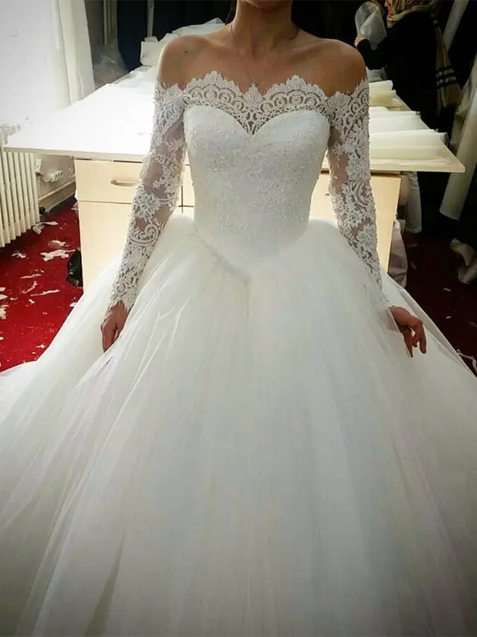 

Ensotek New 2020 Ball Gown Lace Wedding Dress Long Sleeve Wedding Dresses Vestido De Noiva Off the Shoulder Bridal Dress Gown