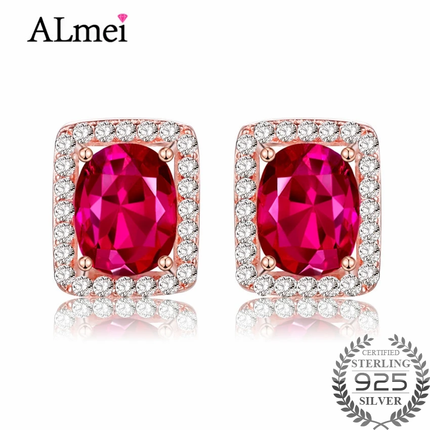 

Серьги-гвоздики Almei, с красным овальным топазом, стразы, серебро 925 пробы, подарок на Новый год, Рождество, с коробкой 40% FR012