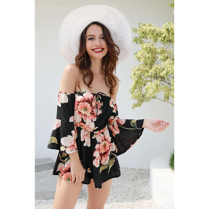 Женские комбинезоны с открытыми плечами Heydress черные цветочным принтом прямые