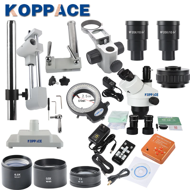 KOPPACE 2.1X 180X Тринокулярный Стерео Зум микроскоп с WF10X/20 WF20X/10 широкополыми окулярами