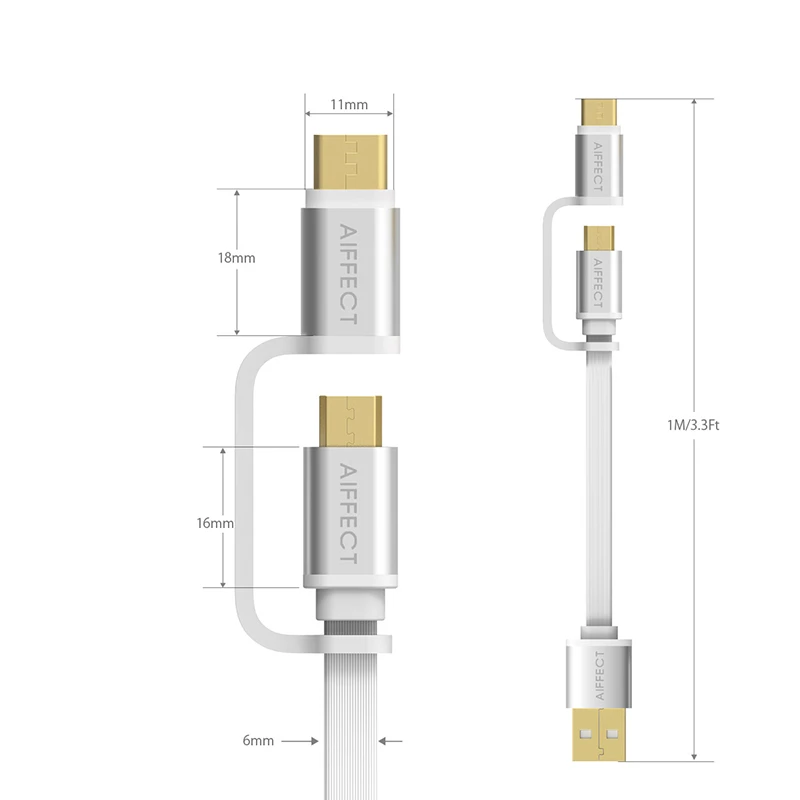 AIFFECT 3 Pack 2 in 1 USB Type C Cable Micro 1M For Phone Tablet Camera Fast Charge Support for QC3.0/2.0 | Мобильные телефоны и