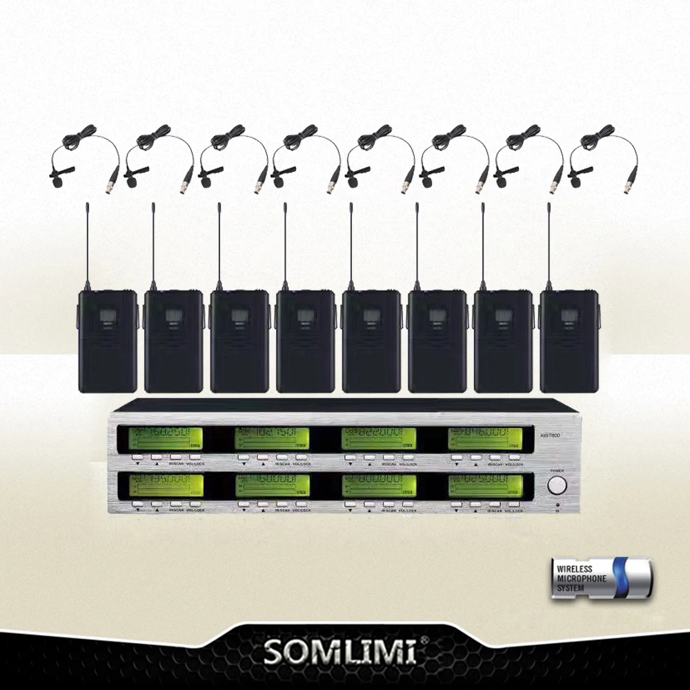 저렴한 새로운 고품질 전문 AWT800 8 채널 핸드 헬드 무선 마이크 전문 Lavalier 클립 마이크 헤드셋