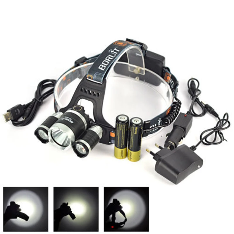 BORUIT 6000LM 3x XM L T6 светодиодный налобный фонарь + 2X18650 AC/USB/Автомобильное зарядное