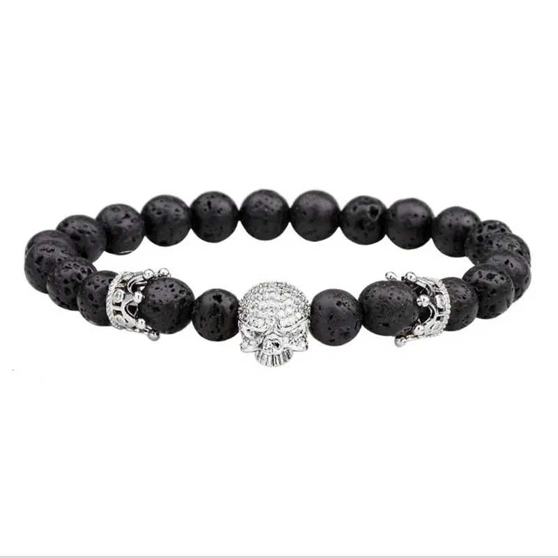 as picture Модный браслет из лавового камня с бусинами CZ черепом на шлем и Lmperial Crown для мужчин и женщин, браслет ручной работы, ювелирные изделия из натуральных бусин - Окраска металла: as picture