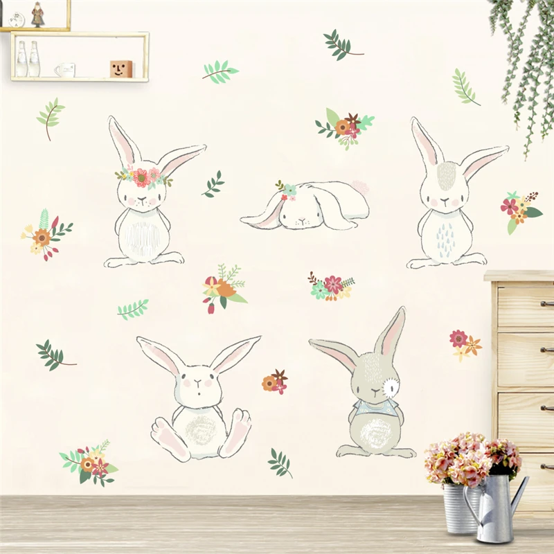 

cartoon animal rabbit flower wall stickers for kids rooms home decor 50*70cm wall decals pvc poster diy mural art decoration