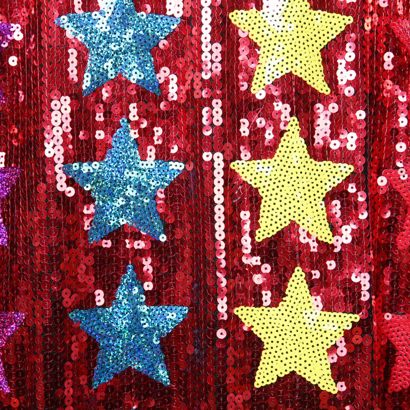 

BLINGSTORY Colorful Five Star Sequin Tee Tops O Neck Half Sleeve Loose Hip Hop Dance T-shirt Women