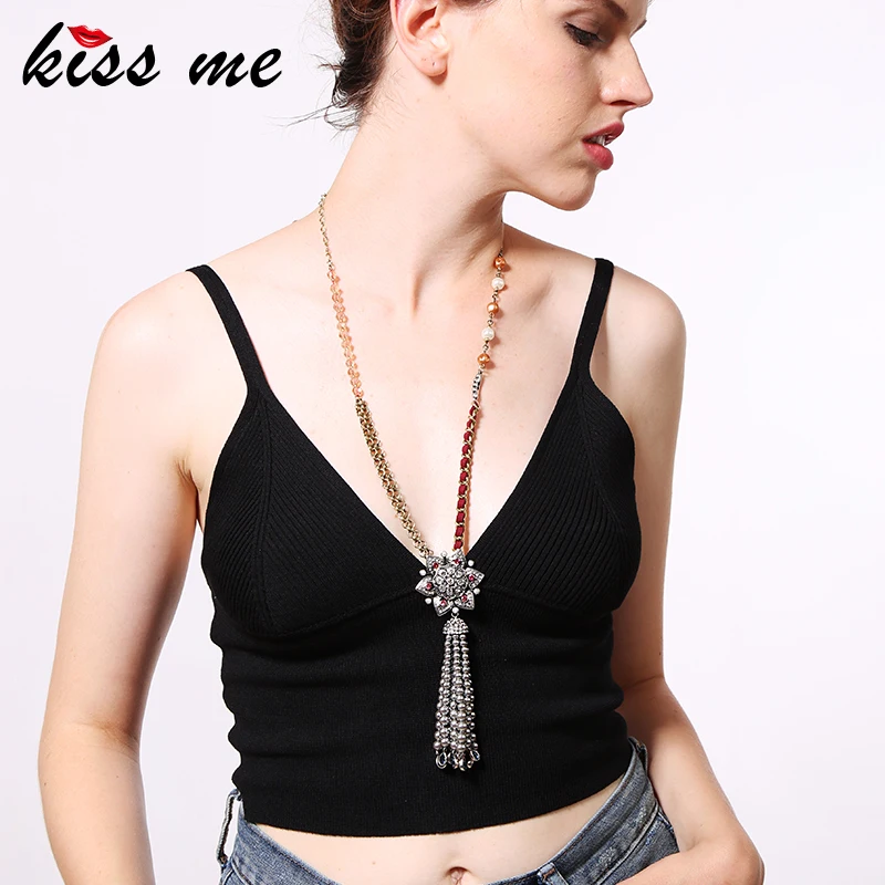 Женское длинное ожерелье-цепочка KISS ME ожерелье с имитацией жемчуга и кисточкой