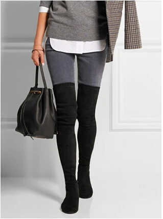 Goedkoop 2016 Fashion Designer Suède Dij Hoge Laarzen Vrouwen Stretch Over De Knie Laarzen Herfst Winter Schoenen Voor Kerstcadeau
