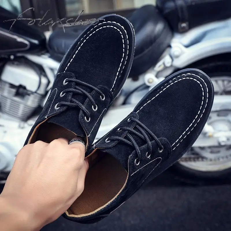 Folaxshoo Lace-up Spring Autumn Man Shoes Leather Men Casual Breathable Suede Mocasines Hombre Chaussure Hommes | Обувь