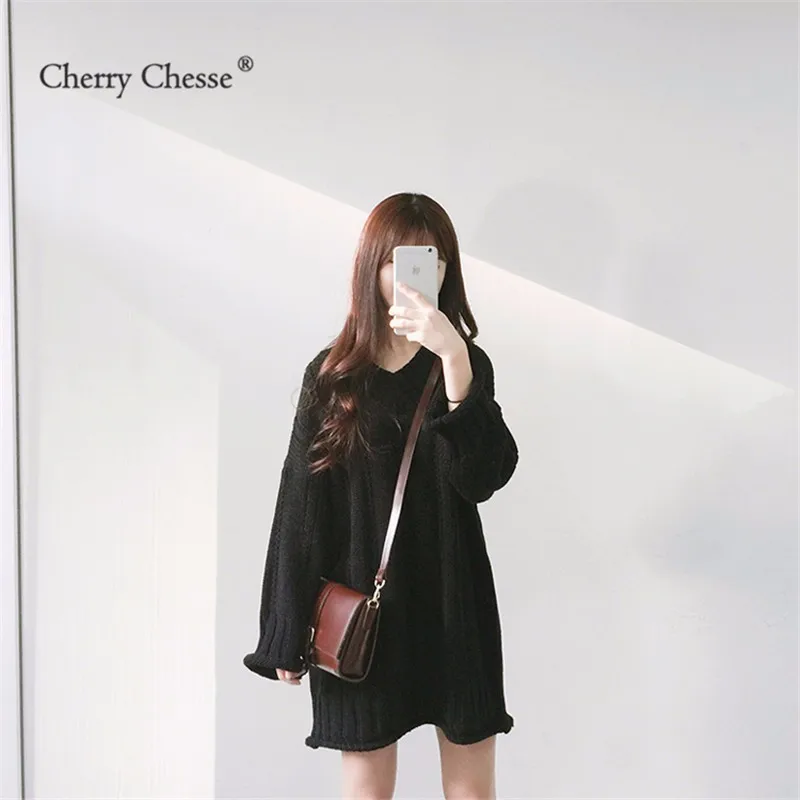 Cherry Chesse Винтаж Для женщин длинный свитер с v-образным вырезом пуловер длинными