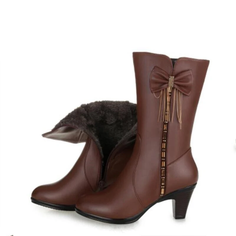 

YAERNI Newest Rhinestones Bow real leather boots Winter Shoes Woman plus and wool Snow Boots High Heel shoes Women Boots E308