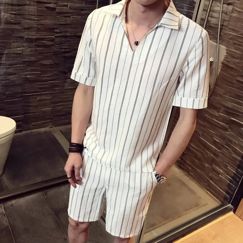 Новый Модный комплект из 2 предметов полосатая рубашка Мужской пуловер + шорты