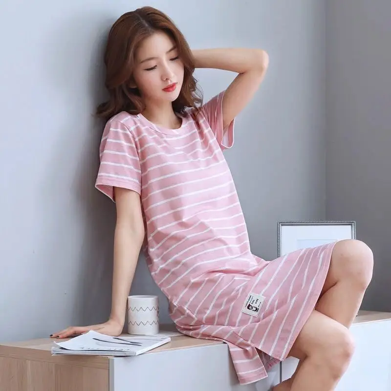 Pink stripes Летняя хлопковая ночная рубашка размера плюс женская ночная сорочка с короткими рукавами женская ночная рубашка M-5XL V826 - Цвет: Pink stripes